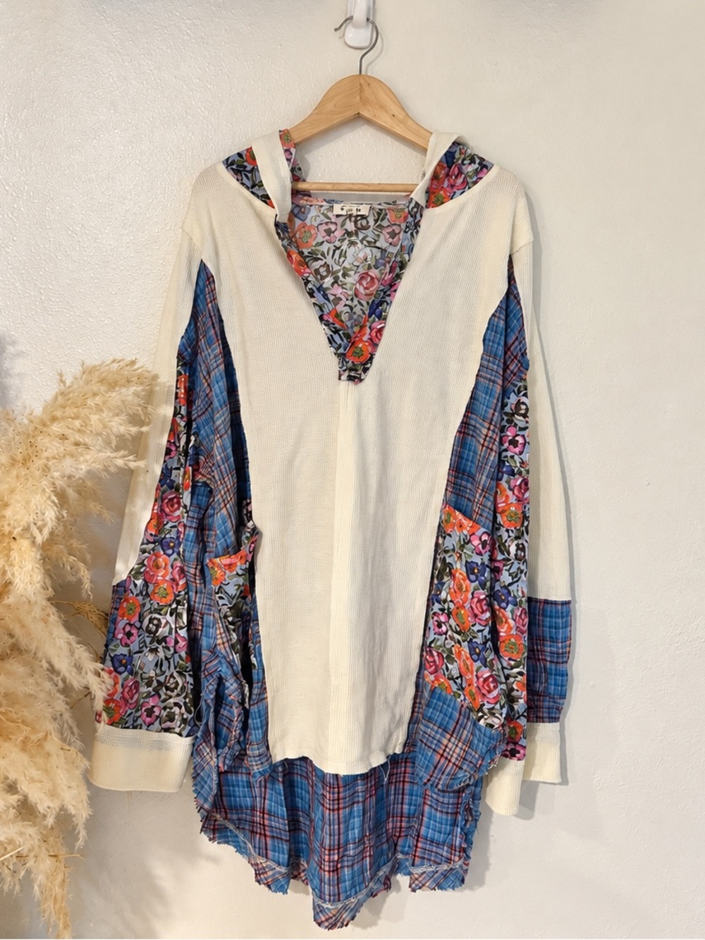 POL Floral Plaid Patchwork Oversized Hooded Tunic Top M Boho Mixed Media